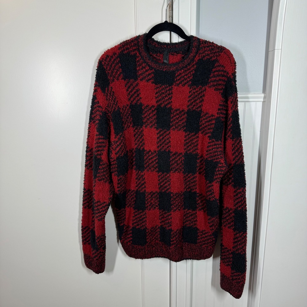SKIMS Cozy Knit Pullover Women L/XL Red Black Buffalo Plaid Check Cozy Comfy